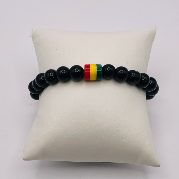 Unisex Black Onyx and Rasta Bead Stretch Bracelet Ethiopian Unity - Picture 5 of 16
